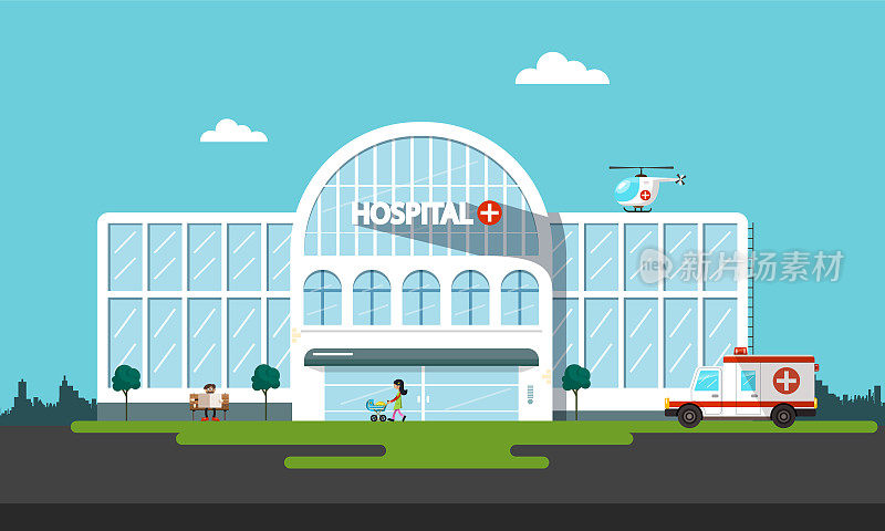 白色的医院建筑，救护车，直升机和人-矢量插图