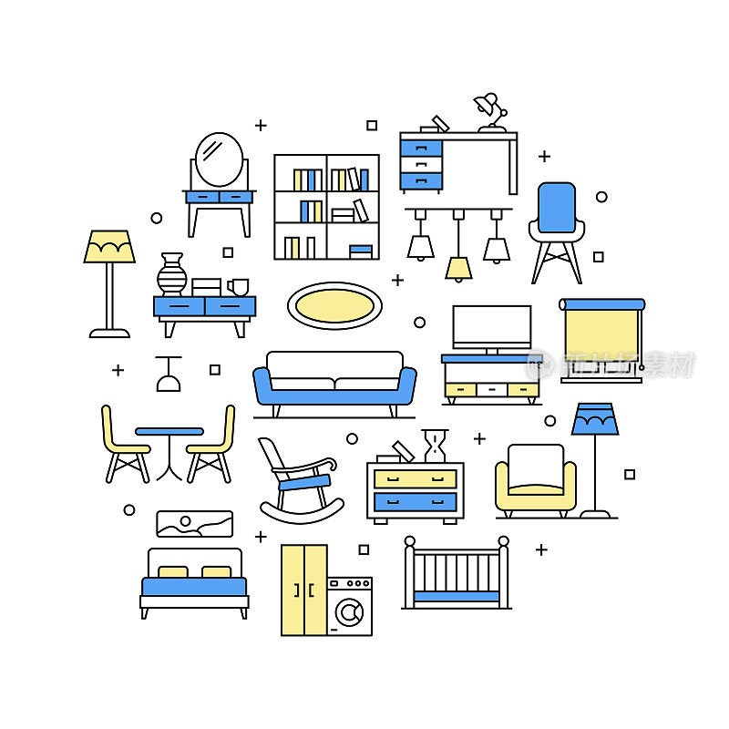 家具相关矢量横幅设计概念，现代线条风格与图标