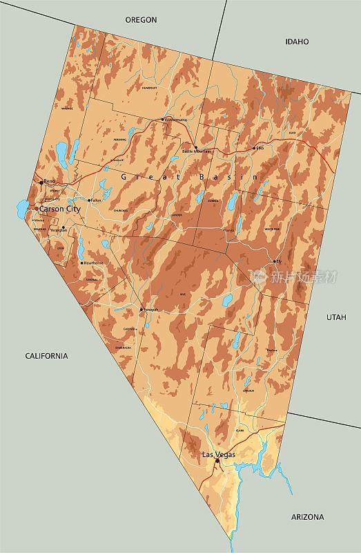 高度详细的内华达州物理地图与标签。