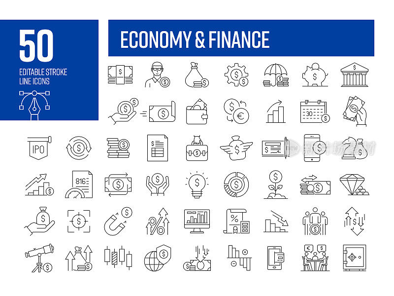 经济和金融线图标。可编辑的笔画矢量图标集合。