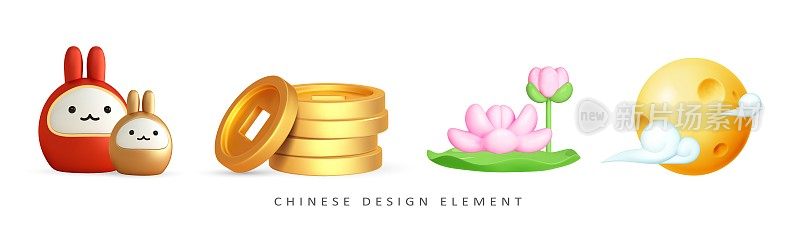 中国金币，月亮兔，满月和云，莲花图标。3d渲染亚洲设计元素。矢量动画illustrarion