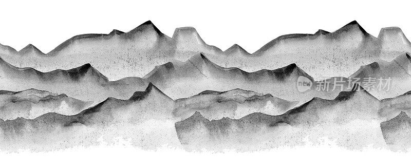 水彩线抽象山脉。液体简约水墨黑色图案景观。墨黑白墨冬山水河。极简手绘插图黑线背景，海报横幅