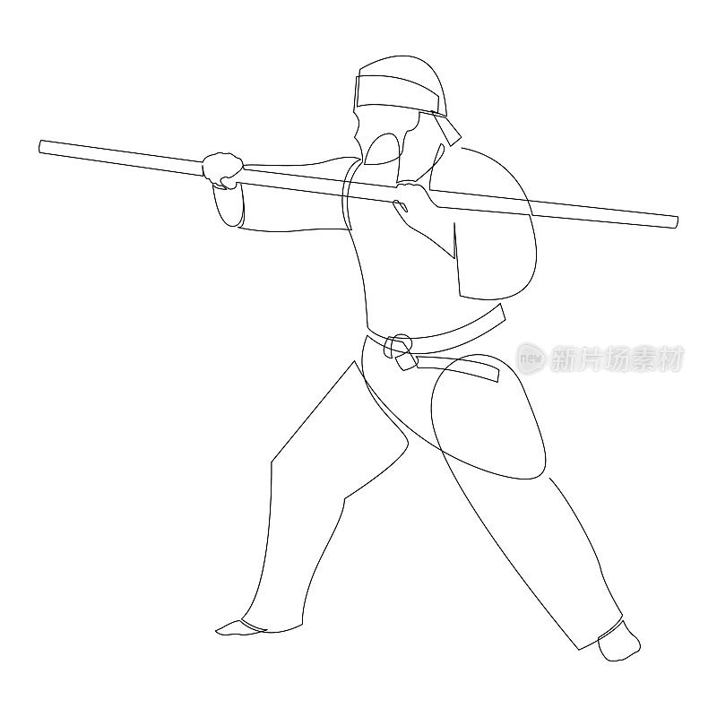 连续的线条画的年轻武术大师男子，功夫战士在和服与长杖训练。武术体育竞赛概念。动态单线样式矢量插图。