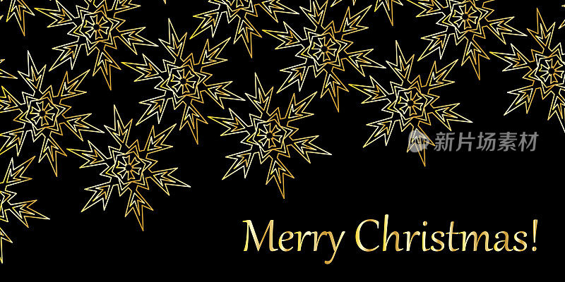黑色金色完美圣诞贺卡，文字节日快乐，金色雪花矢量插画