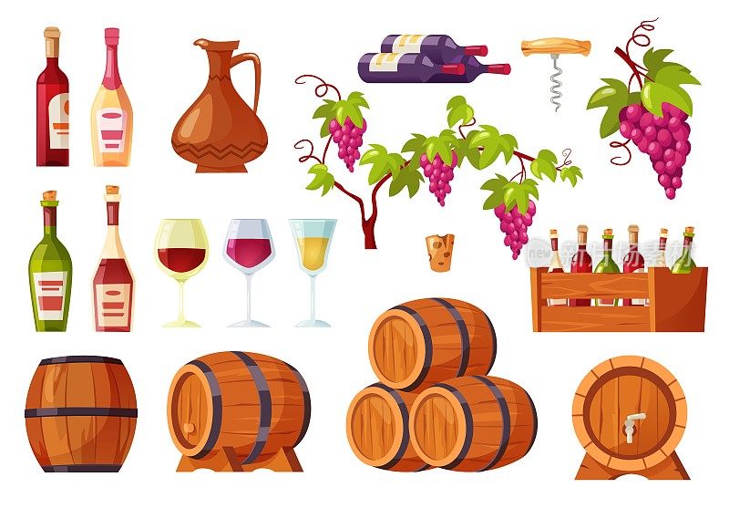 卡通酒。酒瓶和木桶，木开瓶器，一串葡萄和几杯葡萄酒孤立向量集