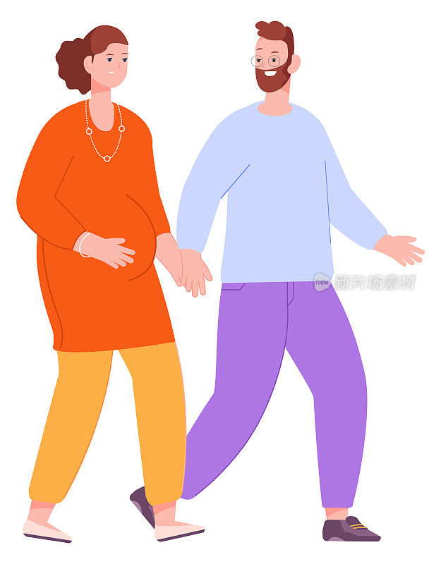 幸福的情侣散步。男人和孕妇手牵着手