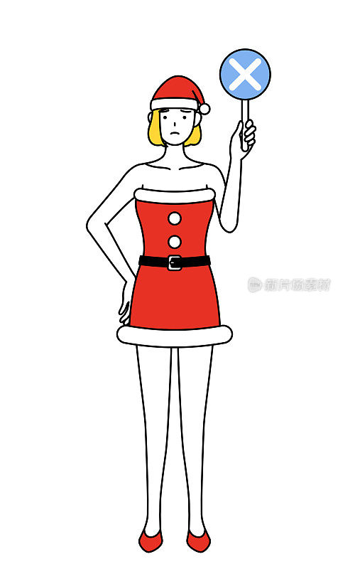 简单的线描插图，一个女人打扮成圣诞老人拿着一串但是指示错误的答案。