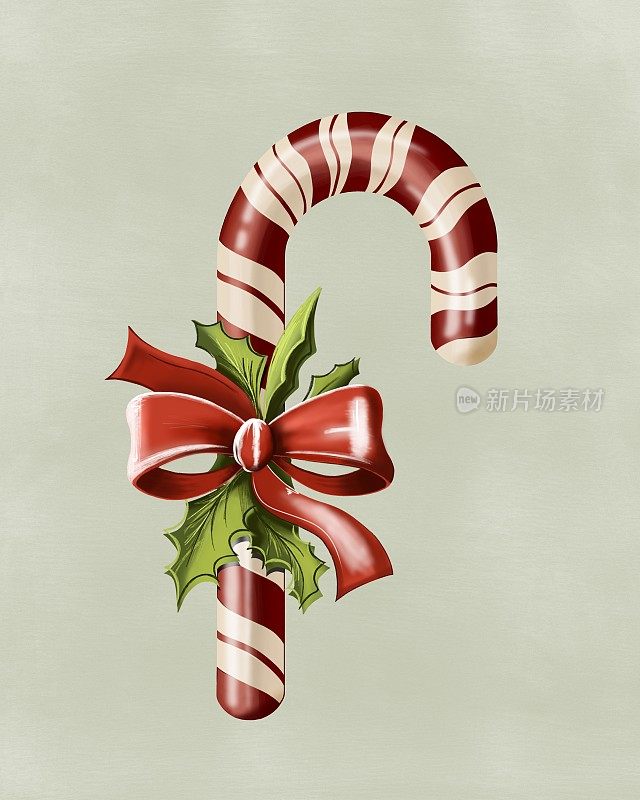 可爱的插图。绿色背景的传统圣诞拐杖糖。节日圣诞卡。寒假食物