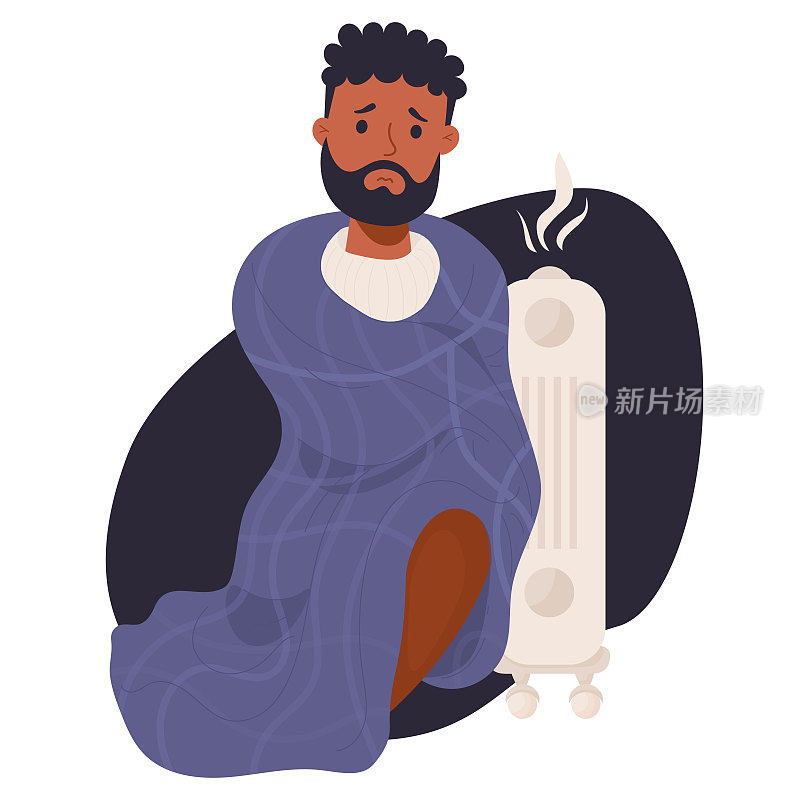 悲伤的胡子黑皮肤男子裹着毯子是冻结和晒太阳在热散热器附近。矢量插图。概念季节寒冷，遭受低度温度和和室内加热。