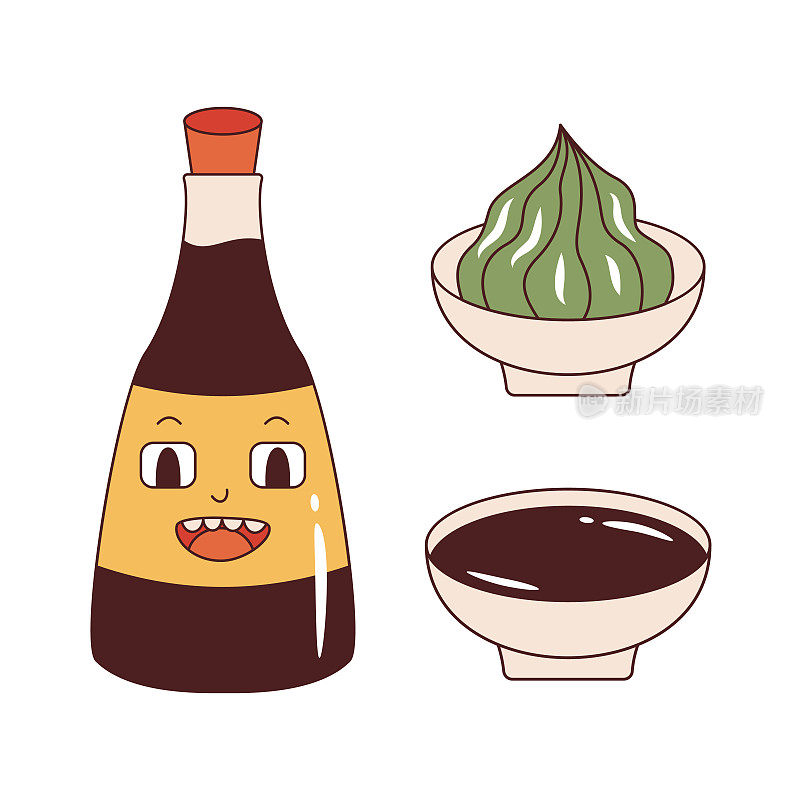 矢量集酱油吉祥物，芥末和酱油在酱船。复古风格的亚洲酱料系列。