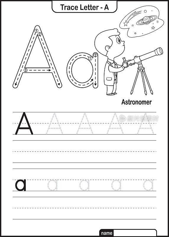 字母跟踪字母A到Z学龄前工作表与字母A天文学家亲矢量