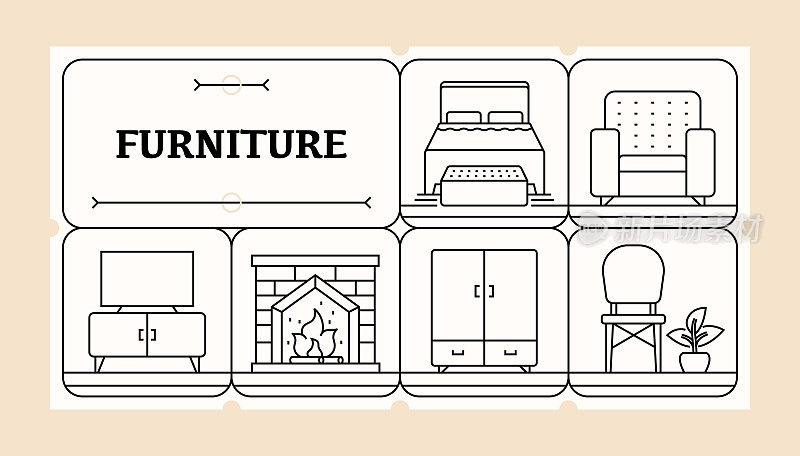 家具线图标集和横幅设计