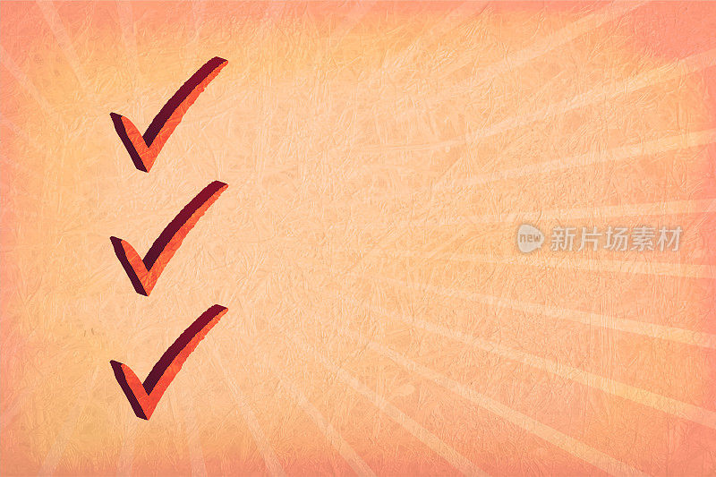 浅粉彩桃色划痕grunge纹理效果墙与太阳爆裂的背景和三个明亮的橙色铁锈色检查标记或标记符号在堆栈或清单如清单，购物，要做清单在光线复制空间的文本