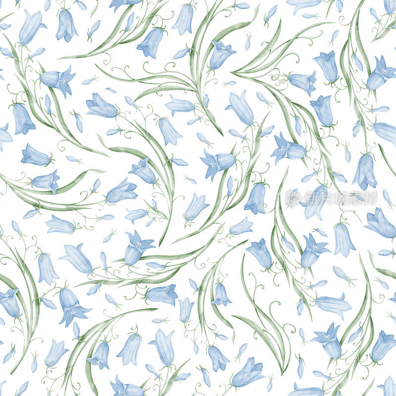 水彩无缝蓝铃花图案。手绘花卉背景与蓝色铃铛花纺织设计或包装纸。精致的植物壁纸在柔和的蓝色和绿色