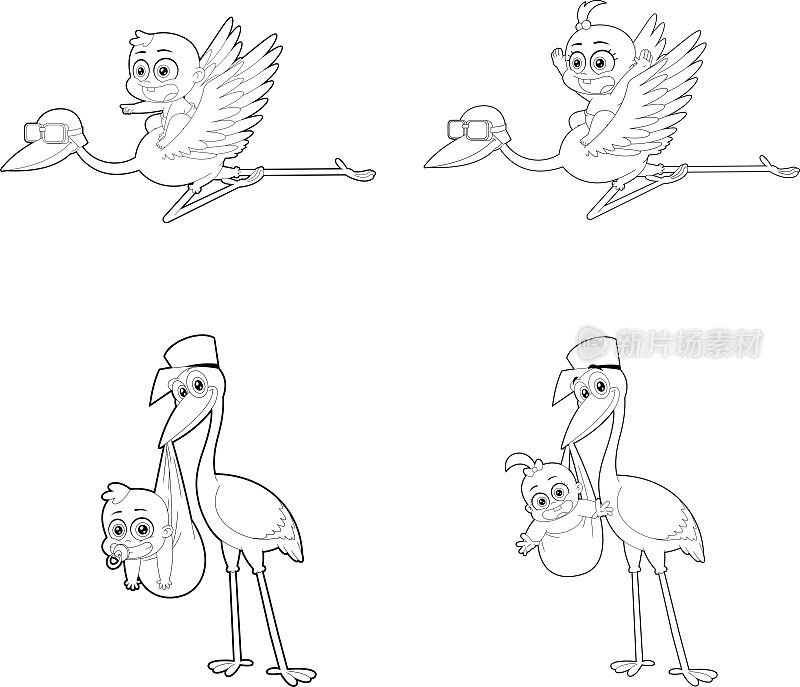 勾勒出鹳鸟送婴儿的卡通人物。矢量手绘集合集