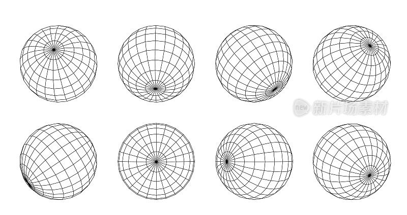 线框球体与连接线隔离。不同位置的抽象网格球。三维设计技术风格