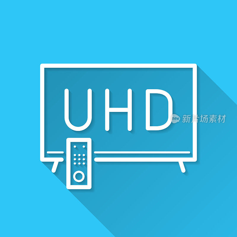 UHD电视。图标在蓝色背景-平面设计与长阴影