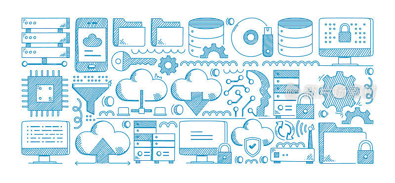 采购产品大数据手绘矢量涂鸦线图标集，人工智能，云计算，下载，硬件，网络，数据库。
