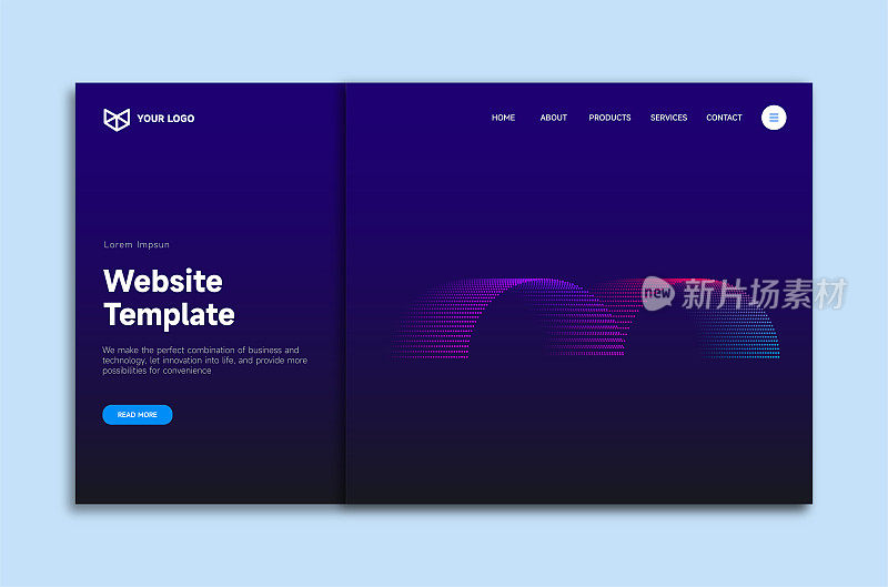 矢量曲线混合颜色渐变网页模板设计与深蓝色背景