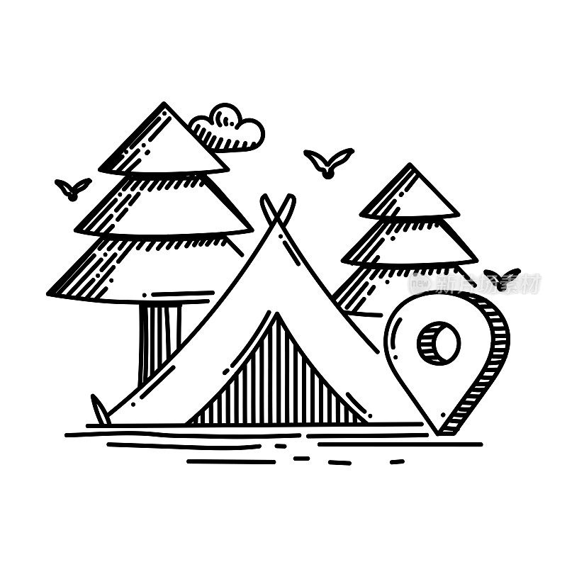 露营帐篷和营地位置线图标，草图设计，像素完美，可编辑的笔画。标志、标志、符号。