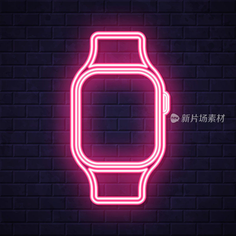 Smartwatch。在砖墙背景上发光的霓虹灯图标