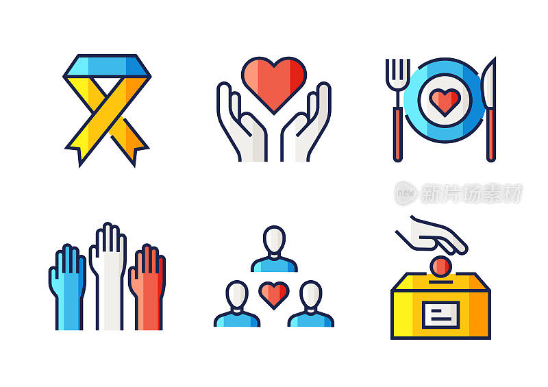 慈善和捐赠相关向量细线图标。轮廓符号集合