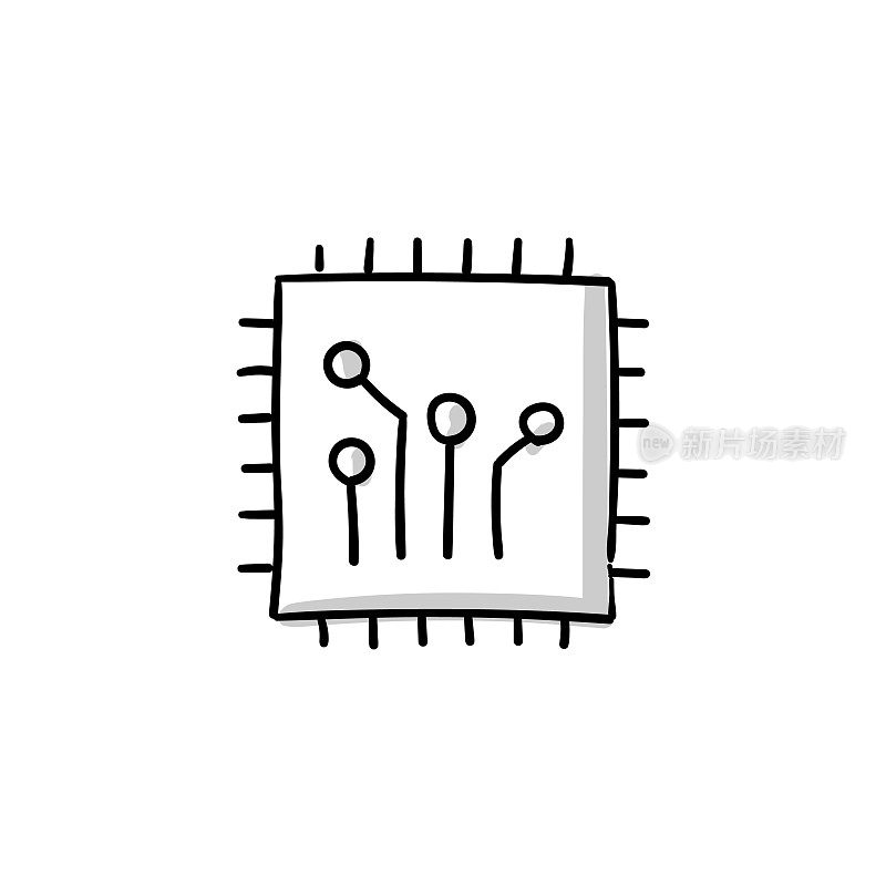 微芯片素描涂鸦矢量图标与可编辑的笔触。Icon适用于网页设计、移动应用、UI、UX和GUI设计。