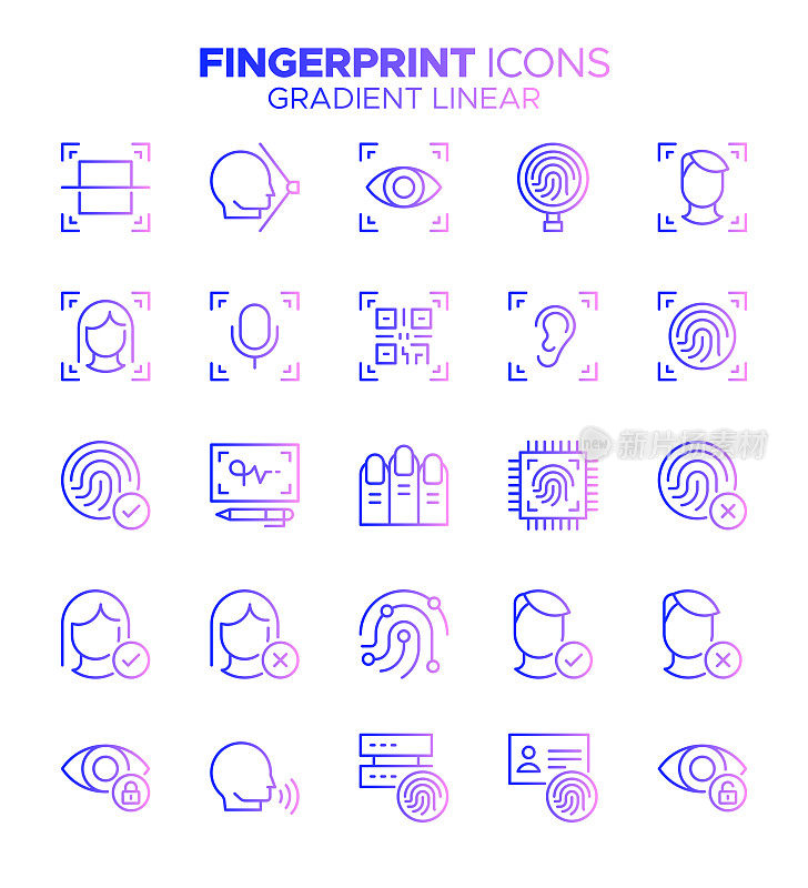 指纹-梯度细线矢量图标集-生物识别，版画技术，安全，签名，分析，条形码阅读器，?dentity