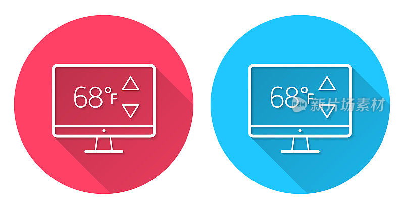 带有加热控制的台式电脑。圆形图标与长阴影在红色或蓝色的背景