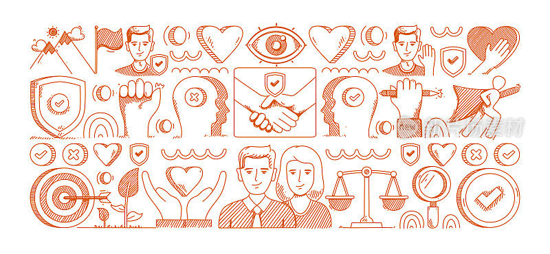 核心价值手绘草图,矢量涂鸦线图标集。