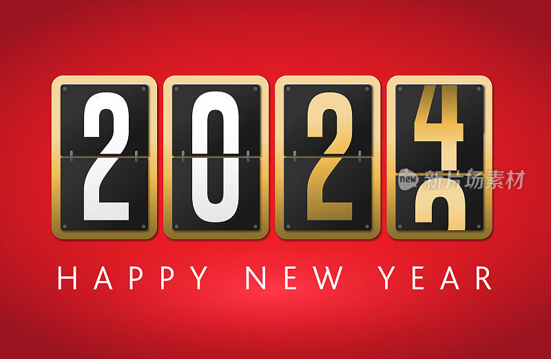 2024年新年快乐问候设计与数字翻转计数器或倒计时时钟显示在红色背景