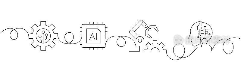 连续单线绘制机器学习图标的概念。单线矢量插图。数字化，计算机芯片，机器人，人工智能。
