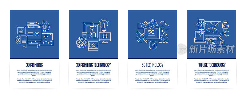 3D打印技术，5G技术，3D打印机，未来技术入门应用程序屏幕矢量插图