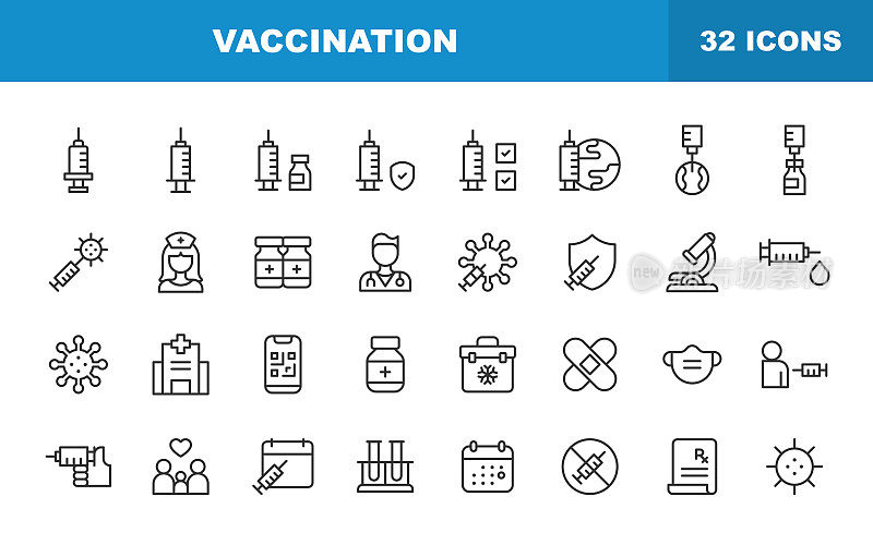 疫苗接种线图标。可编辑的中风。包含诸如预约，医生，健康，保健，医院，免疫，体检，医学，药房，注射器，疫苗等图标。