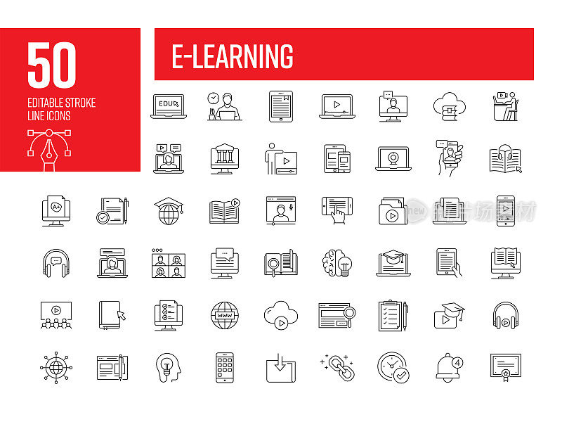 电子学习线图标集。在线教育，互联网，连接，远程教育