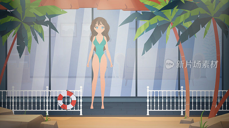 一个穿着泳衣的女孩在别墅的阳台上摆姿势。在沙滩上穿着沙滩服的动漫女人。卡通风格，矢量插图。