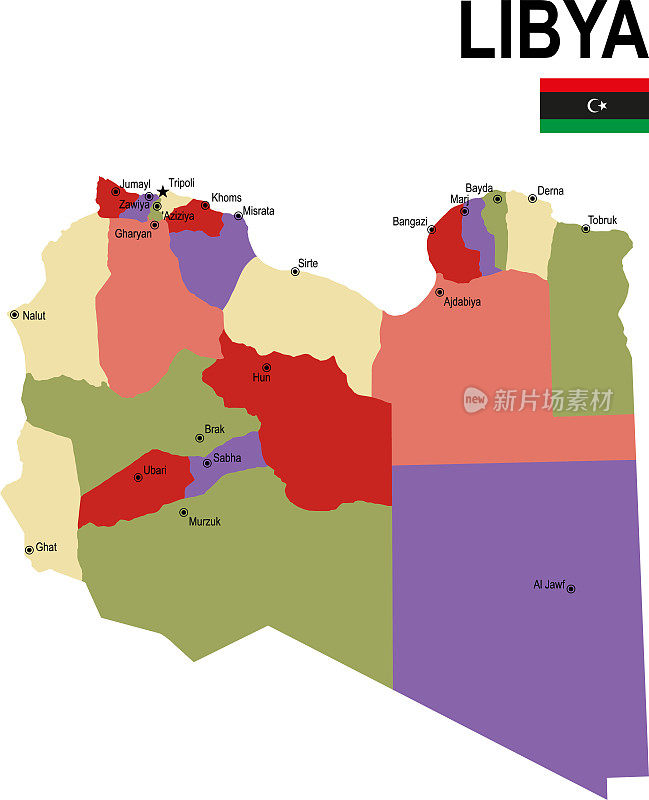 利比亚彩色平面地图与旗帜