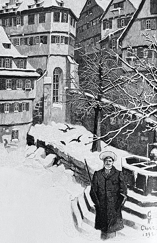 Tübingen，学生在福音教堂的学习房前Württemberg，福音Stift