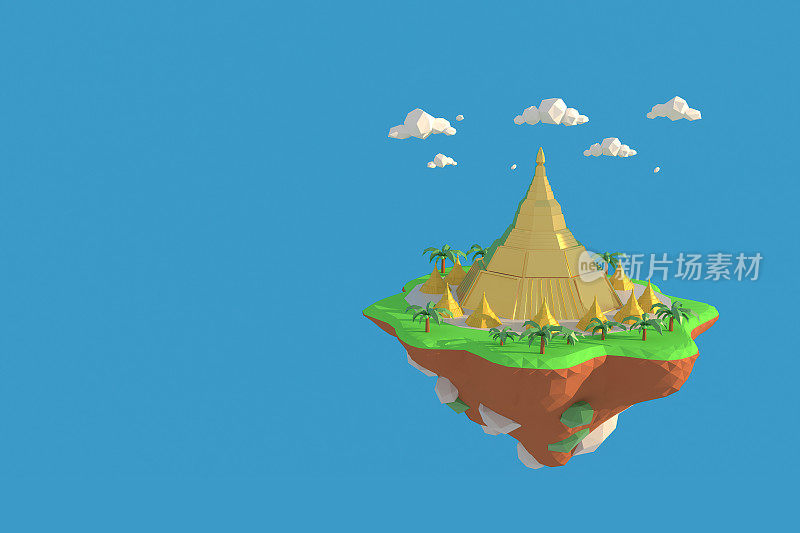 缅甸大金寺的3D插图。一个低多边形模型的3D渲染，包括路径选择