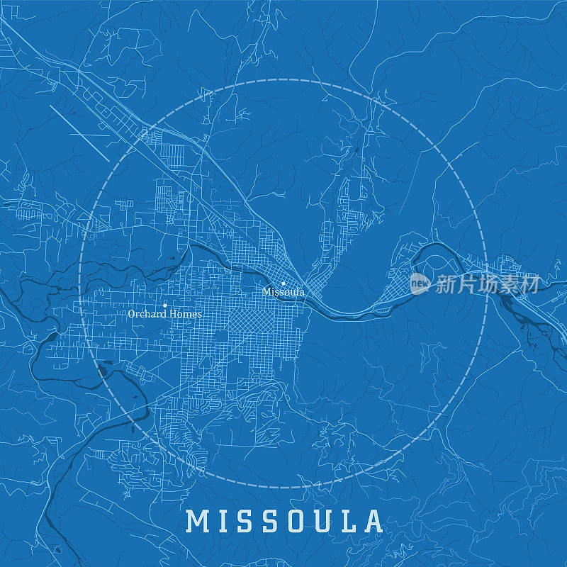 米苏拉MT城市矢量道路地图蓝色文本