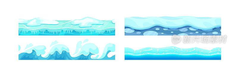 蓝色无缝水面设置。海洋，海洋或河流层与波浪覆盖的冰和雪