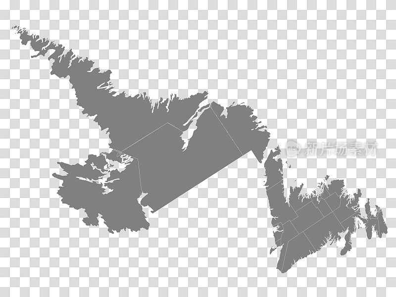 透明背景上的纽芬兰和拉布拉多地图。纽芬兰省和拉布拉多省地图与市政当局灰色为您的网站设计，标志，应用程序，UI。加拿大。EPS10。