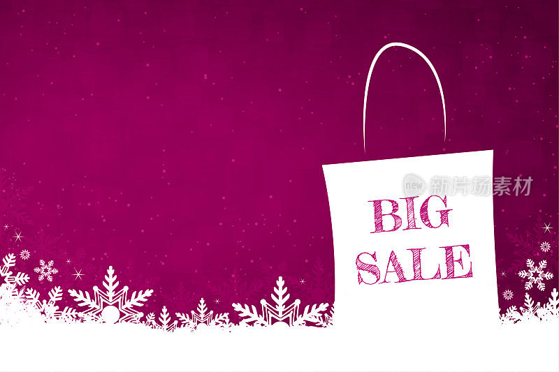 白色的雪花和底部充满活力的品红紫红色或紫色水平的圣诞节日矢量背景与短信大减价购物袋