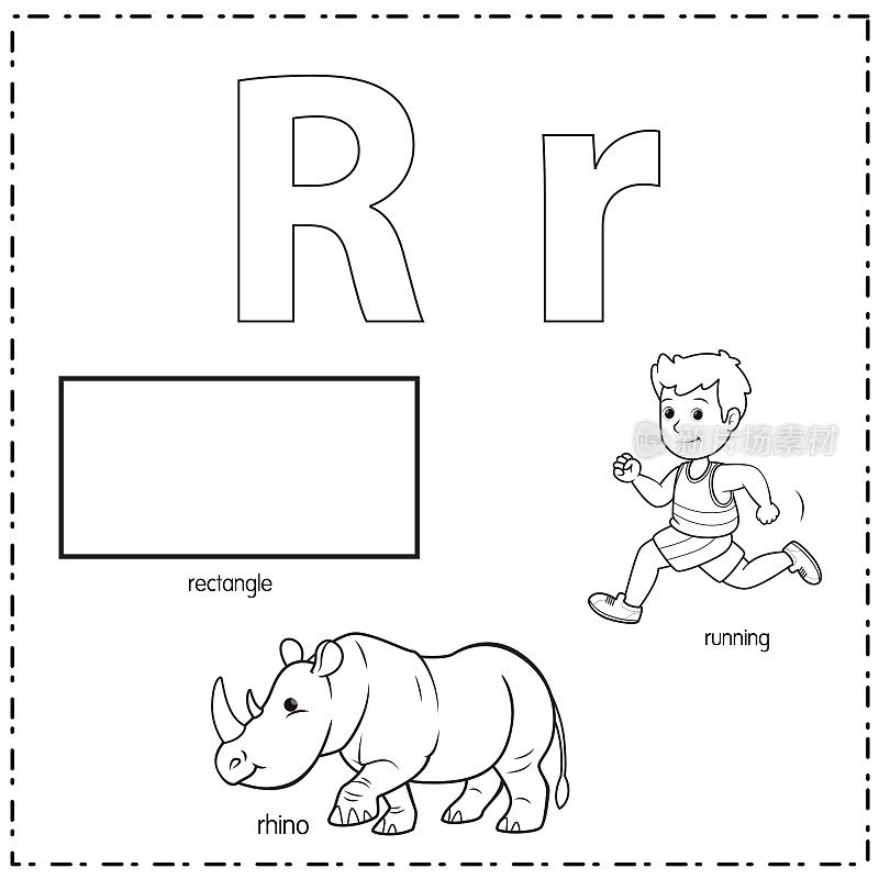 向量插图学习字母R的小写和大写的儿童与3卡通图像。矩形Rhino运行。