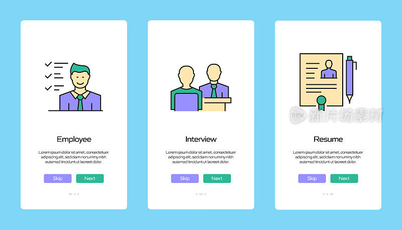 工作和简历概念在移动应用程序页面屏幕上的扁平图标。用户体验，UI设计模板矢量插图
