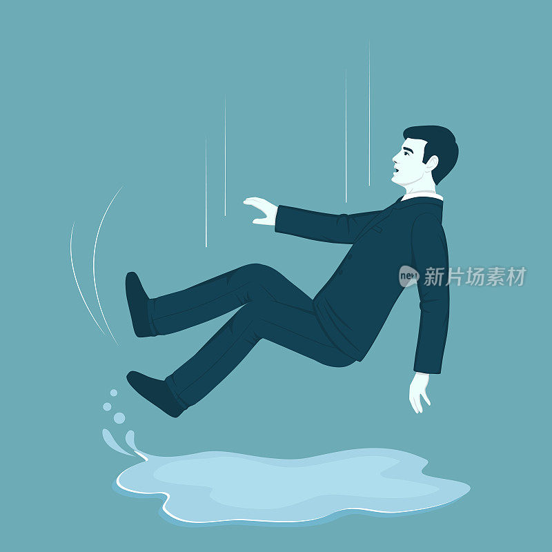 一个人在水坑上滑倒了，矢量卡通插图