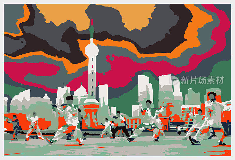 矢量色彩雕刻在上海外滩打太极图案插画背景