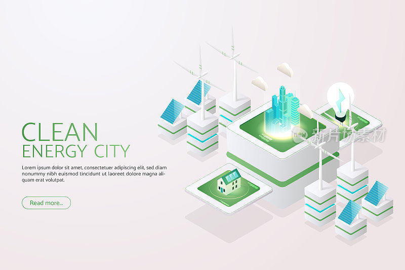 绿色城市用太阳能电池板发电。太阳能和风力涡轮机清洁能源