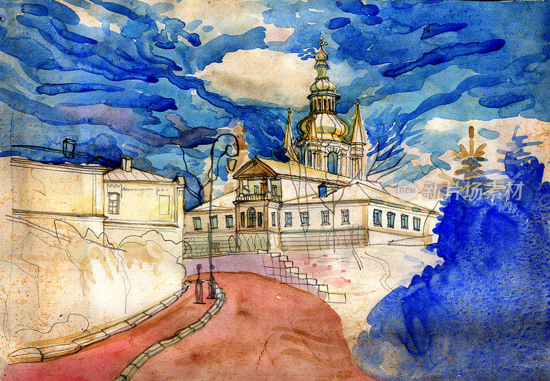 水彩画景观与修道院在传统的古乌克兰巴洛克建筑风格与金色圆顶