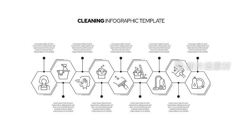 清洁概念矢量线信息图形设计图标。9选项或步骤的介绍，横幅，工作流程布局，流程图等。